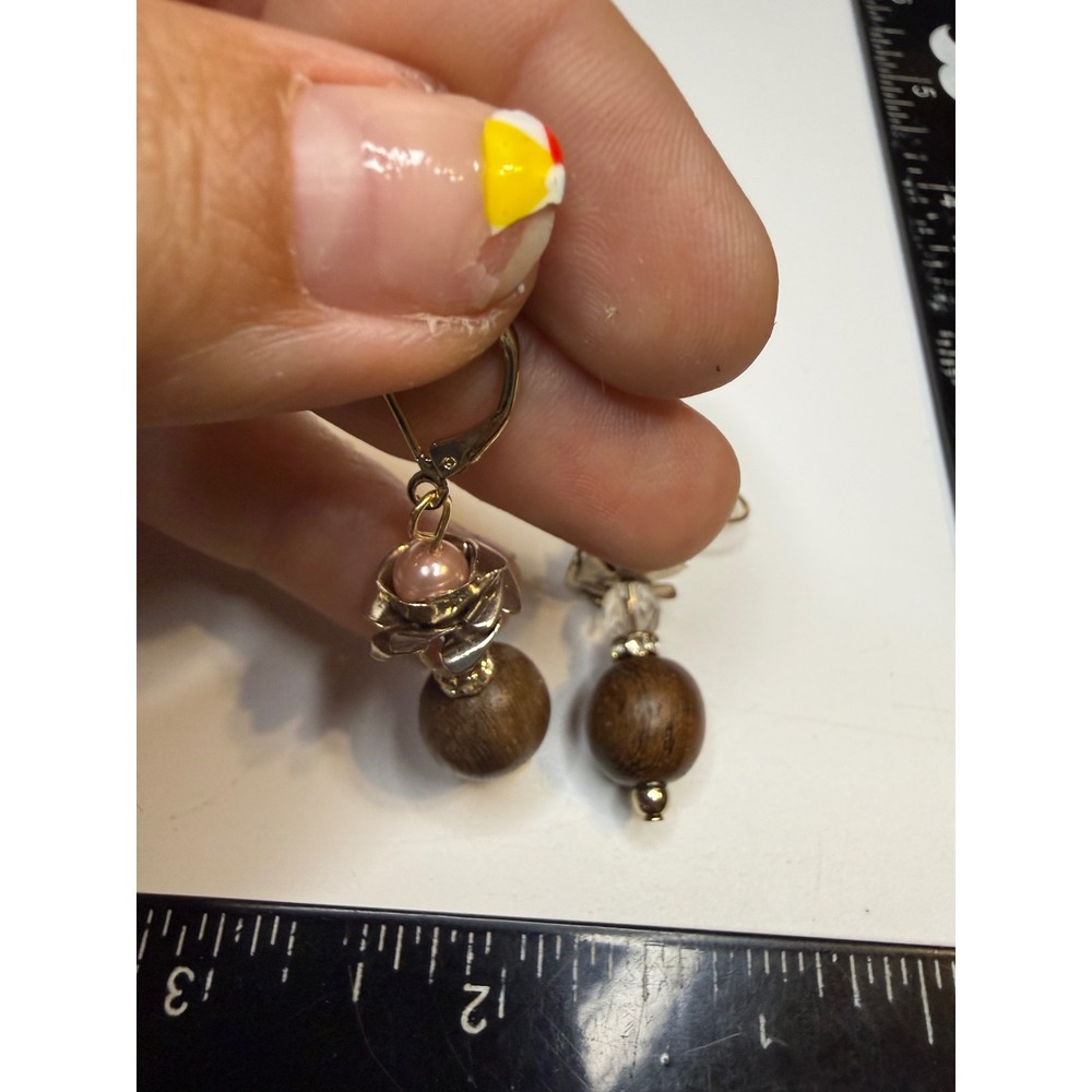 Boho Rose Wood Bead Drop Earrings Pink Pearl Rhinestone Lever Back Gold Tone